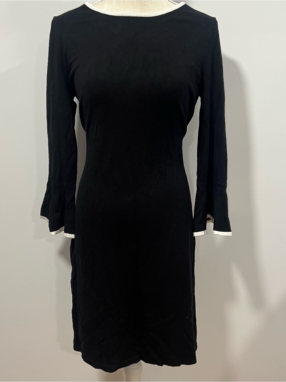 Black Long-Sleeve Shift Dress with White Trim and Bell Sleeves
